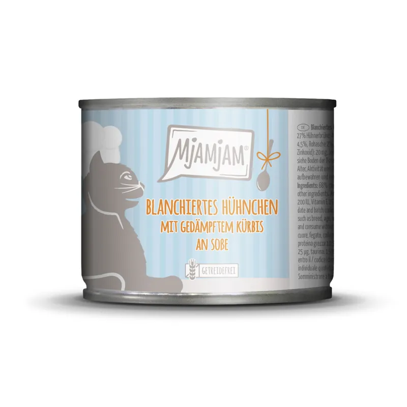 Top-Preis MJAMJAM blanchiertes Hühnchen mit gedämpften Kürbis an Soße 185g Katzennassfutter